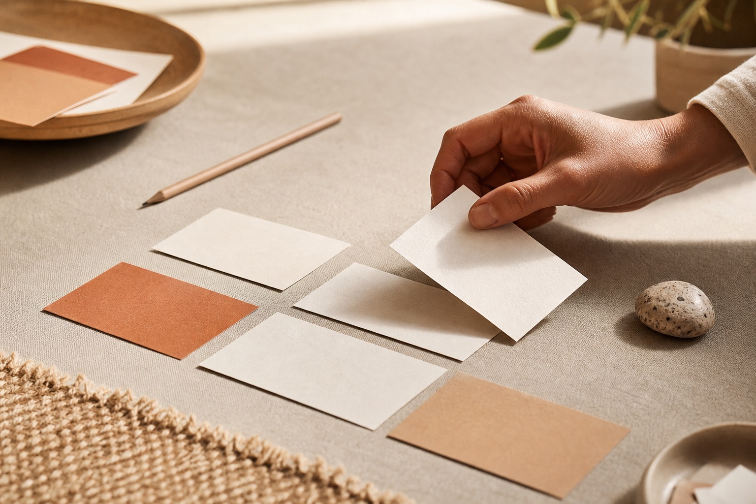 Paper cards being arranged on a table, suggesting evidence-led prioritization.